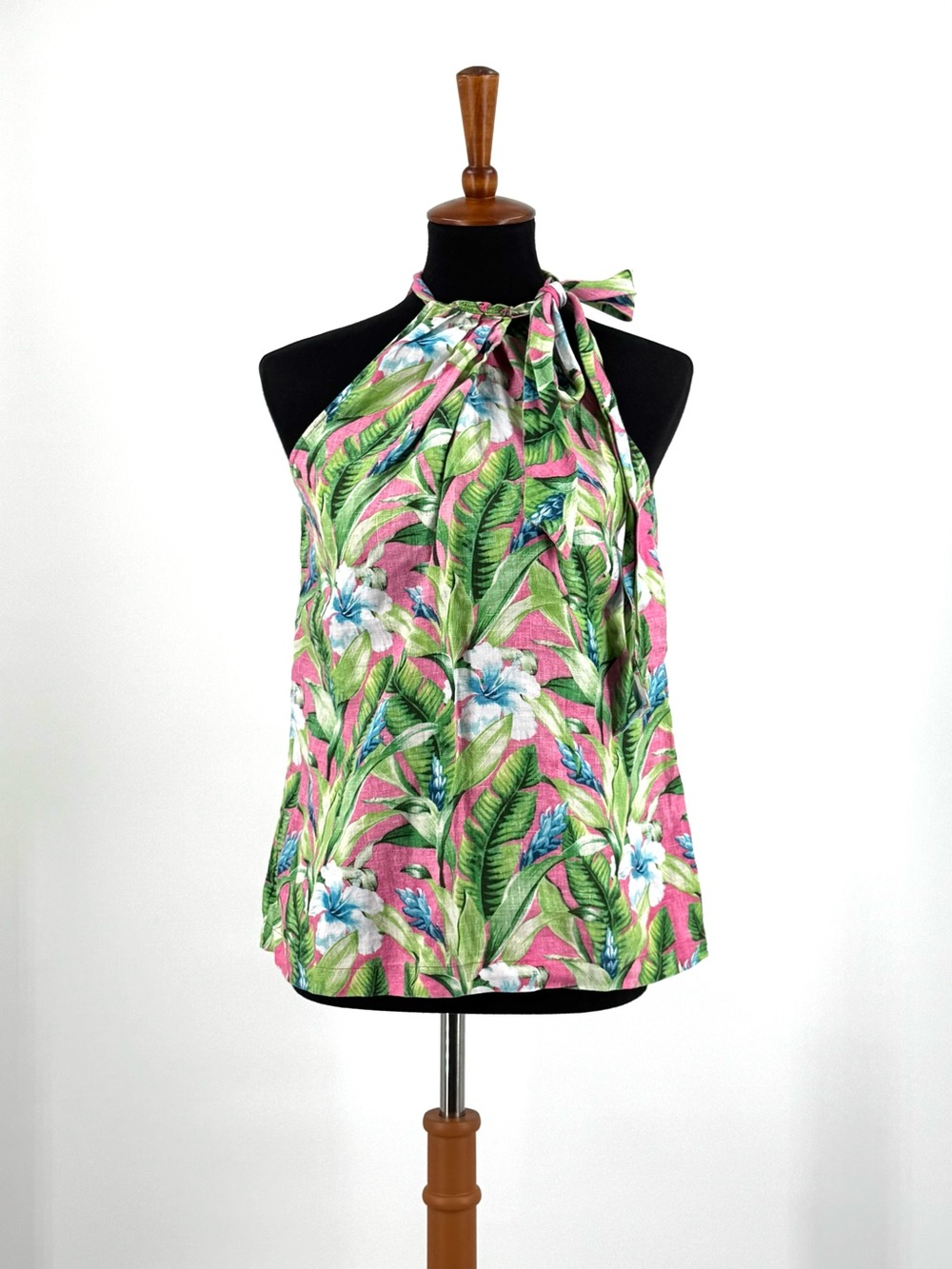 Tommy Bahama Linen Pink Green Tropical Floral Print Halter Tie Neck Top Size M